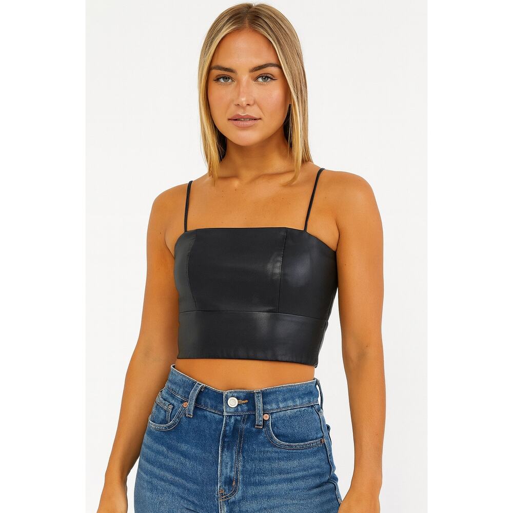ALEXANDER WANG Black 100% Lambskin Leather Adjustable Strap Crop Top sz XS